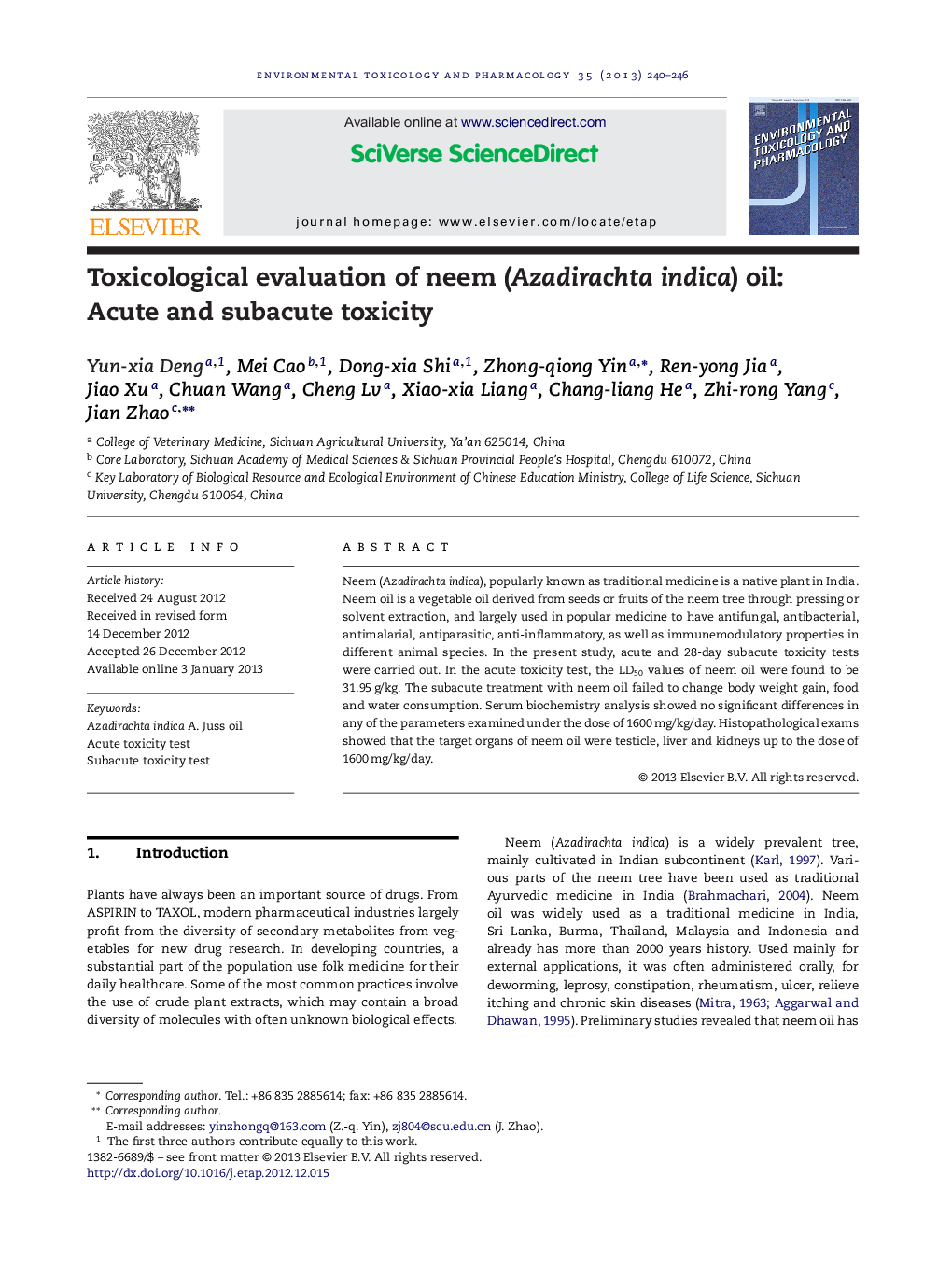 Toxicological evaluation of neem (Azadirachta indica) oil: Acute and subacute toxicity