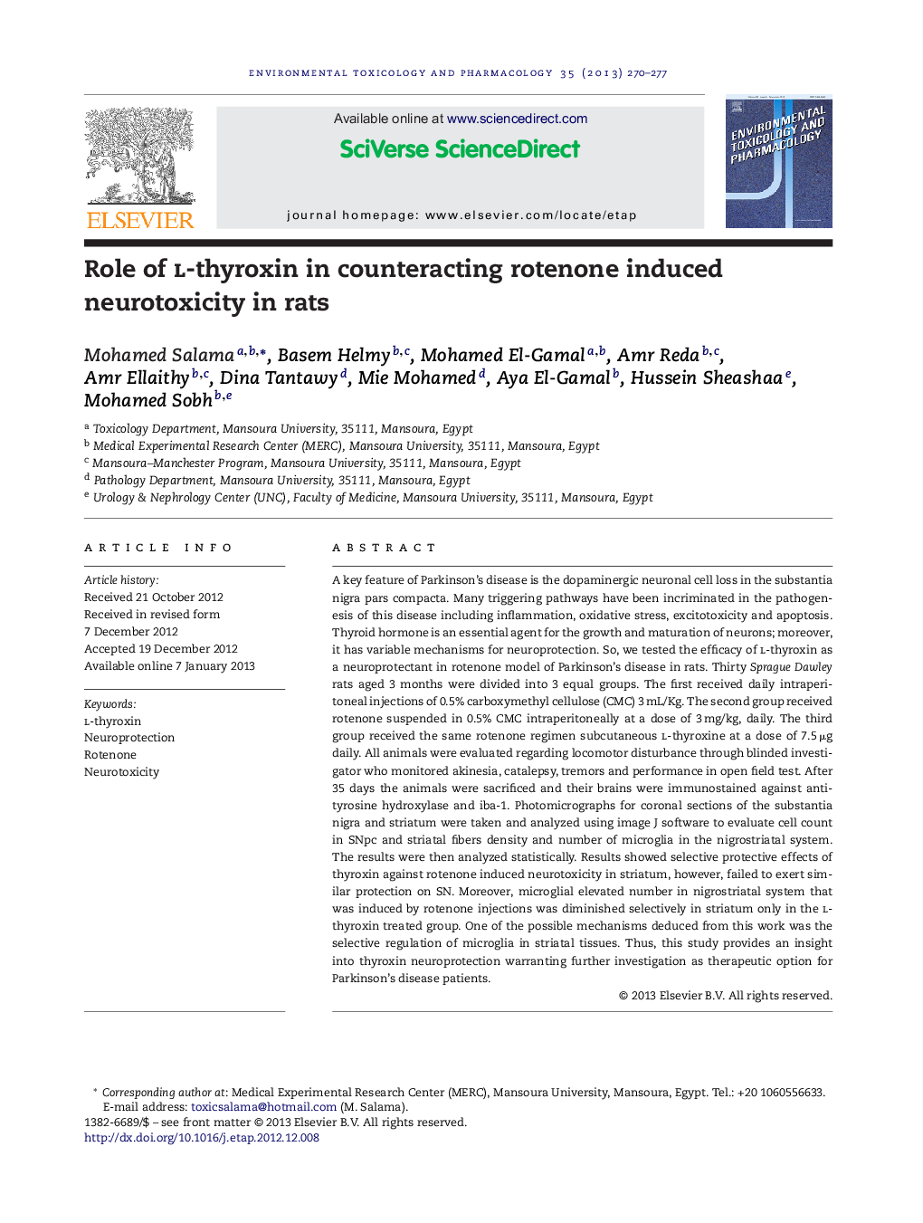 Role of l-thyroxin in counteracting rotenone induced neurotoxicity in rats