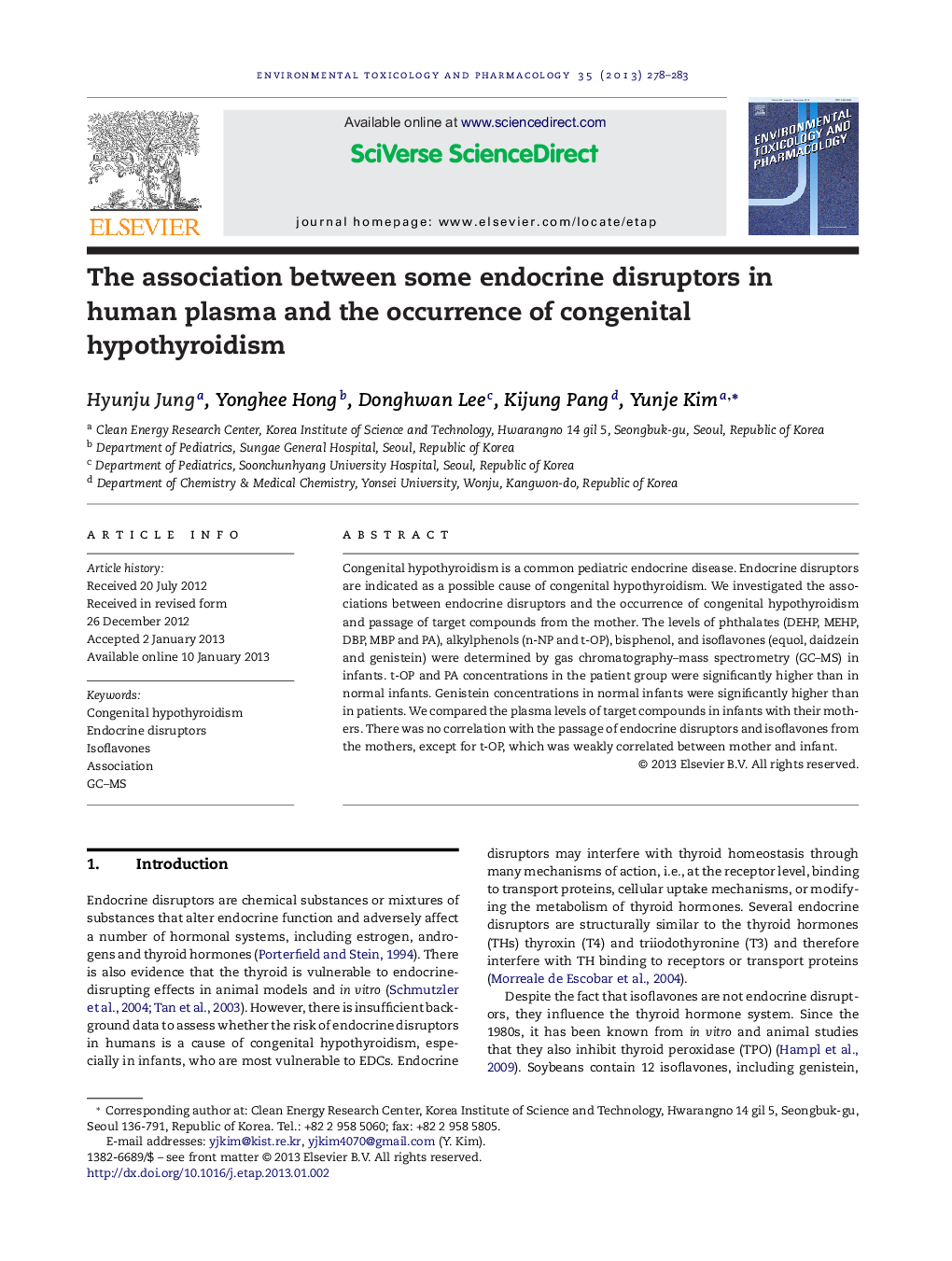 The association between some endocrine disruptors in human plasma and the occurrence of congenital hypothyroidism