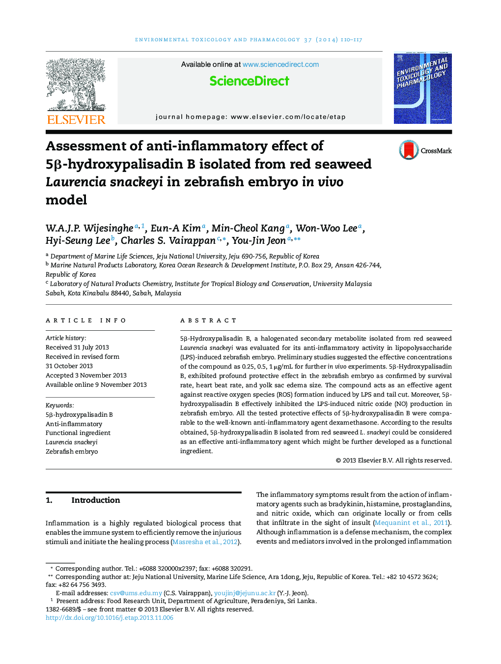 Assessment of anti-inflammatory effect of 5β-hydroxypalisadin B isolated from red seaweed Laurencia snackeyi in zebrafish embryo in vivo model