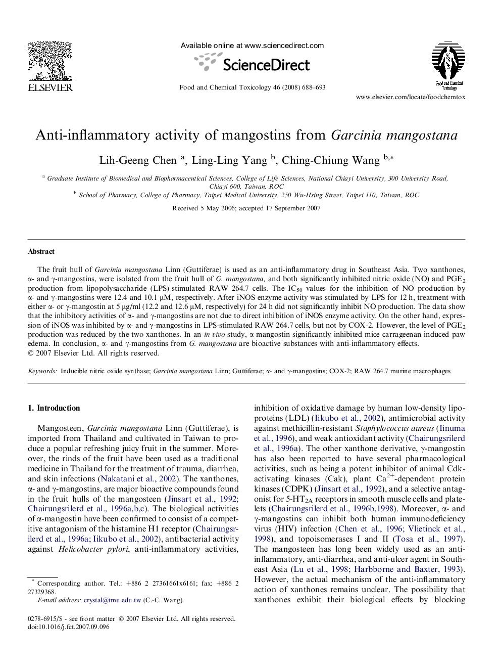 Anti-inflammatory activity of mangostins from Garcinia mangostana