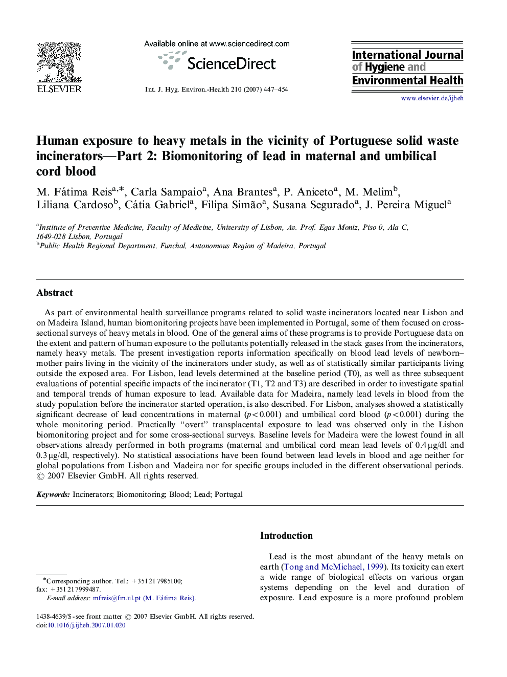 Human exposure to heavy metals in the vicinity of Portuguese solid waste incinerators—Part 2: Biomonitoring of lead in maternal and umbilical cord blood