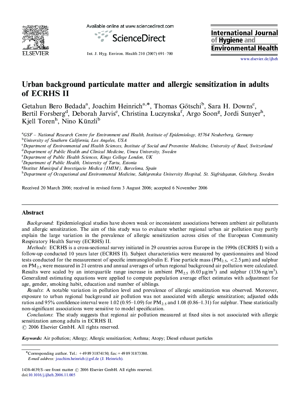 Urban background particulate matter and allergic sensitization in adults of ECRHS II