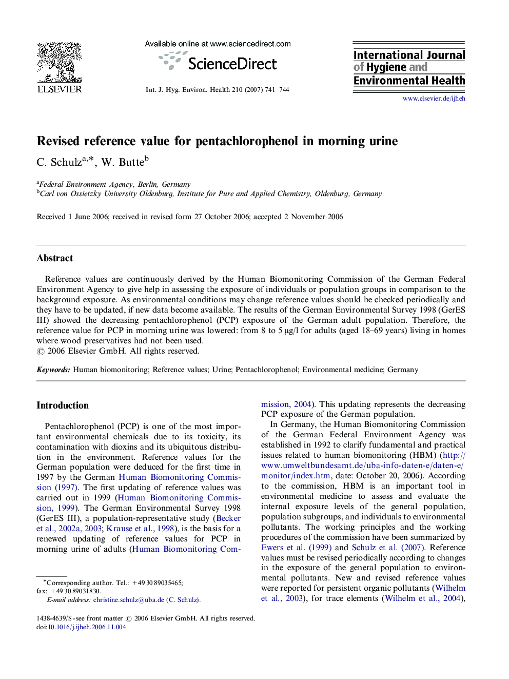 Revised reference value for pentachlorophenol in morning urine