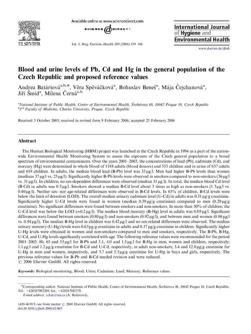 Blood and urine levels of Pb, Cd and Hg in the general population of the Czech Republic and proposed reference values