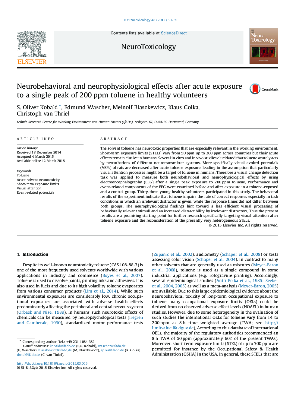 Neurobehavioral and neurophysiological effects after acute exposure to a single peak of 200 ppm toluene in healthy volunteers