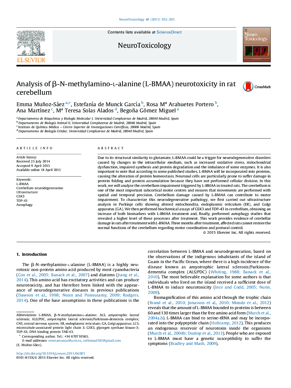 Analysis of β-N-methylamino-l-alanine (L-BMAA) neurotoxicity in rat cerebellum