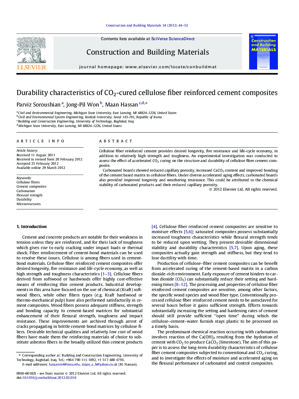 Durability characteristics of CO2-cured cellulose fiber reinforced cement composites