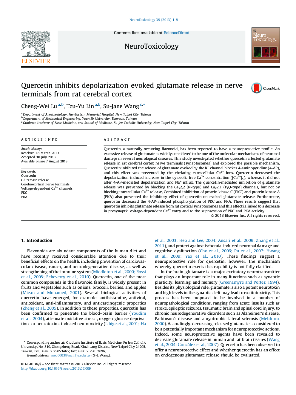 Quercetin inhibits depolarization-evoked glutamate release in nerve terminals from rat cerebral cortex