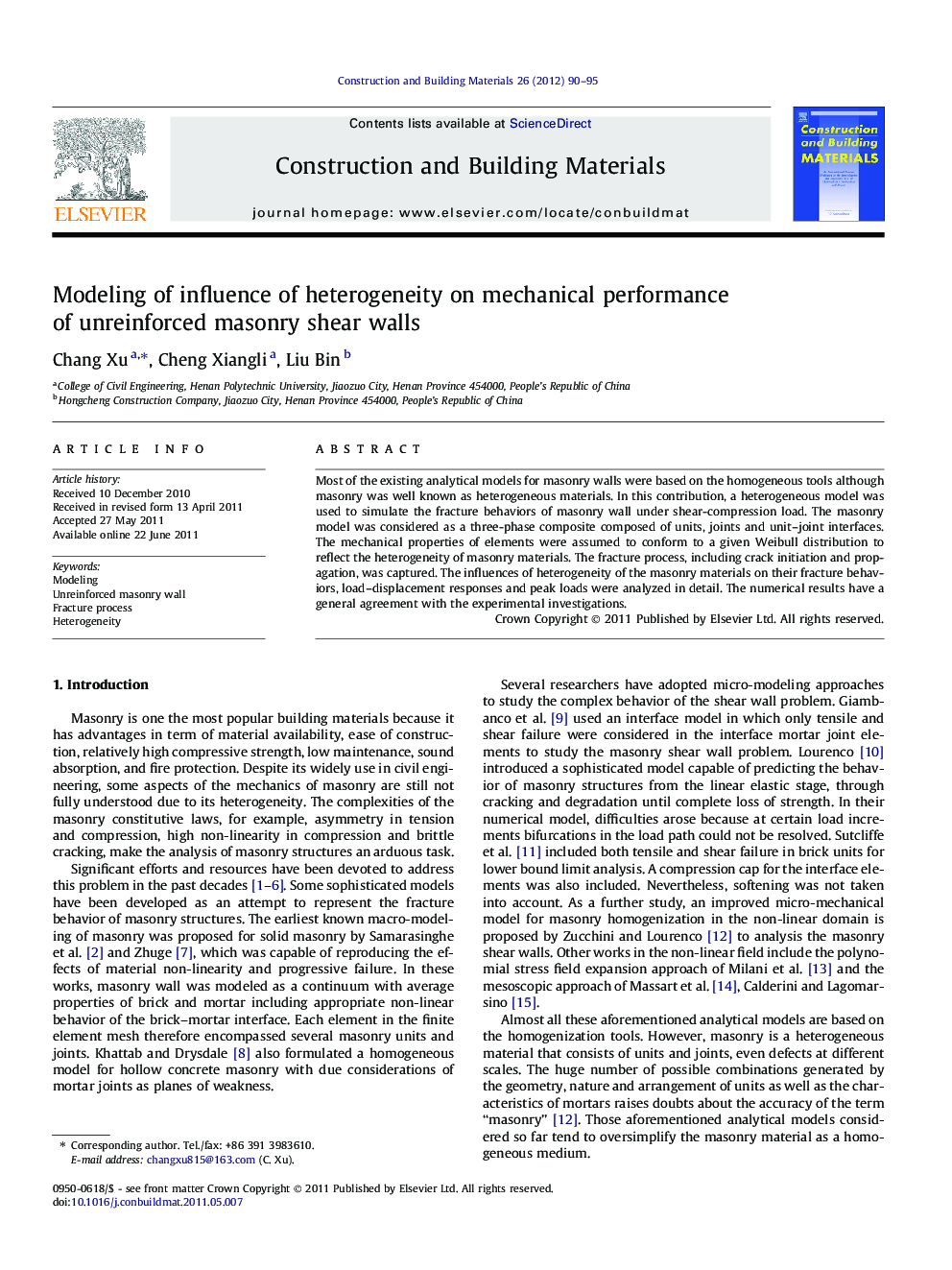 Modeling of influence of heterogeneity on mechanical performance of unreinforced masonry shear walls