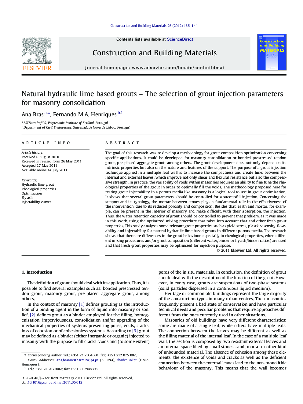 Natural hydraulic lime based grouts – The selection of grout injection parameters for masonry consolidation