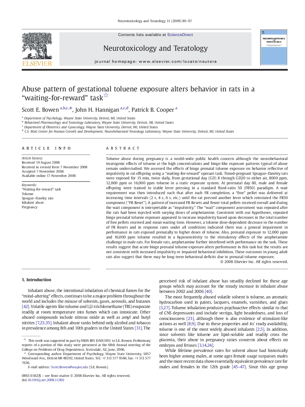 Abuse pattern of gestational toluene exposure alters behavior in rats in a “waiting-for-reward” task 