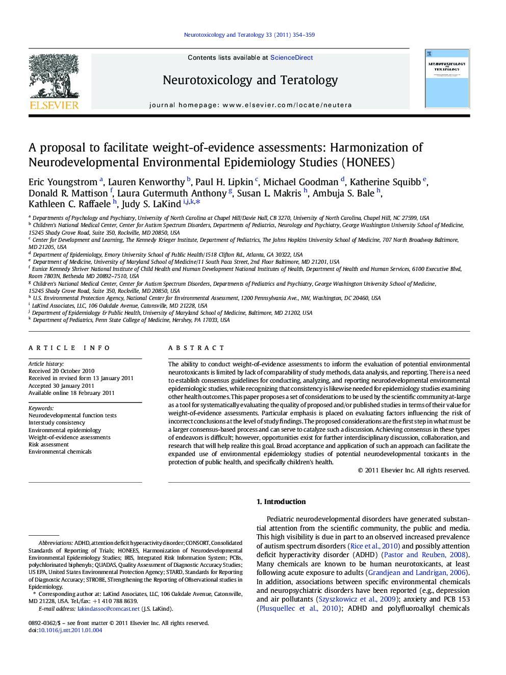 A proposal to facilitate weight-of-evidence assessments: Harmonization of Neurodevelopmental Environmental Epidemiology Studies (HONEES)