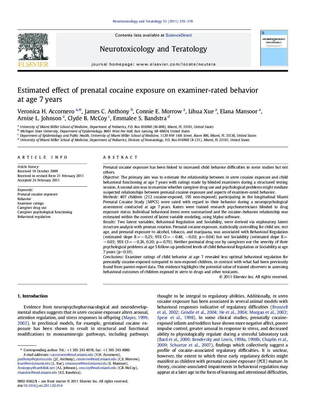 Estimated effect of prenatal cocaine exposure on examiner-rated behavior at age 7 years