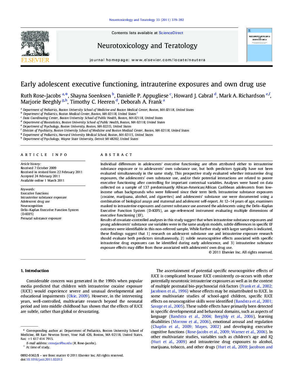 Early adolescent executive functioning, intrauterine exposures and own drug use