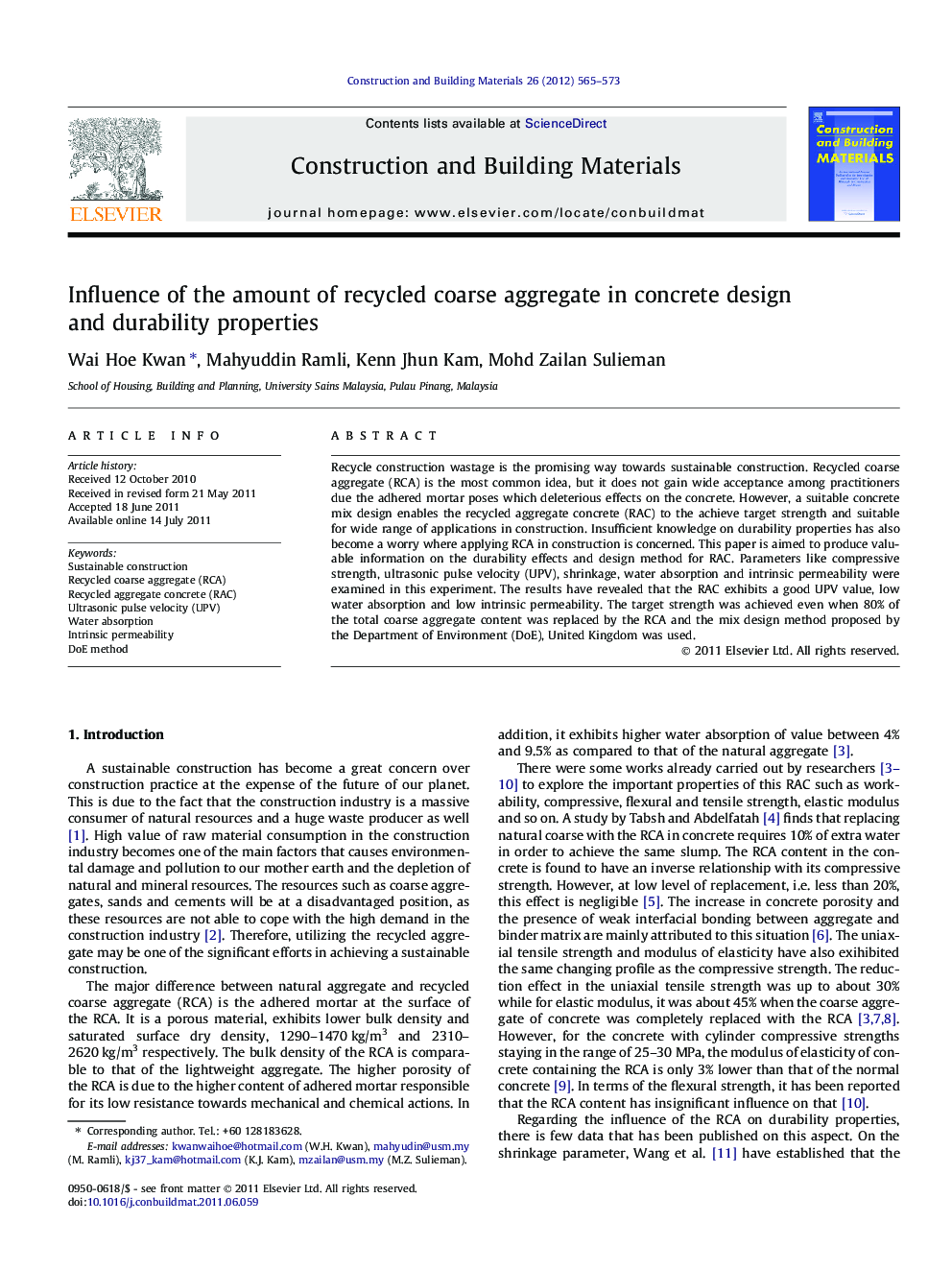 Influence of the amount of recycled coarse aggregate in concrete design and durability properties