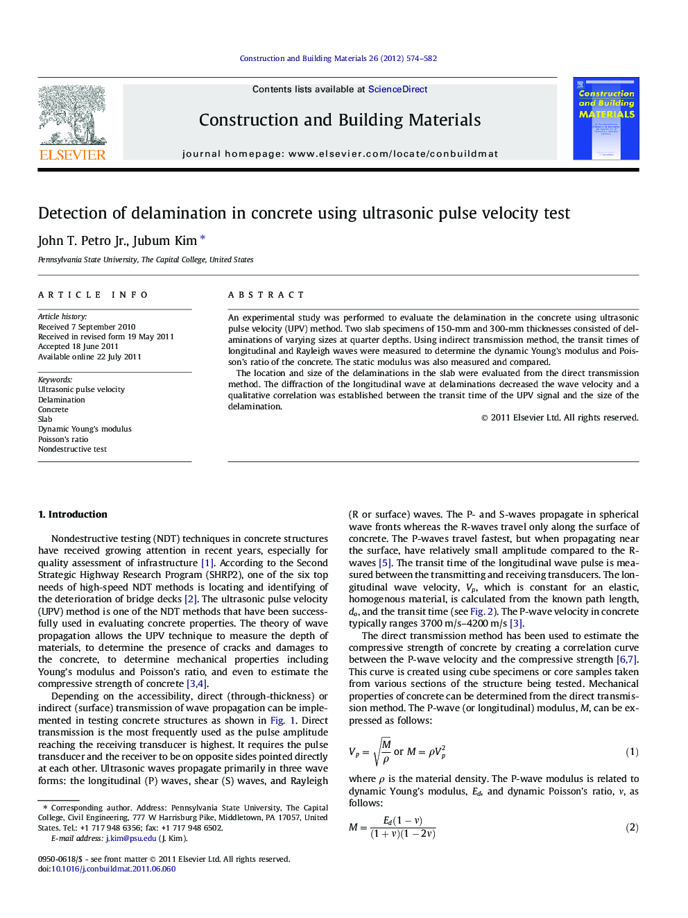 Detection of delamination in concrete using ultrasonic pulse velocity test