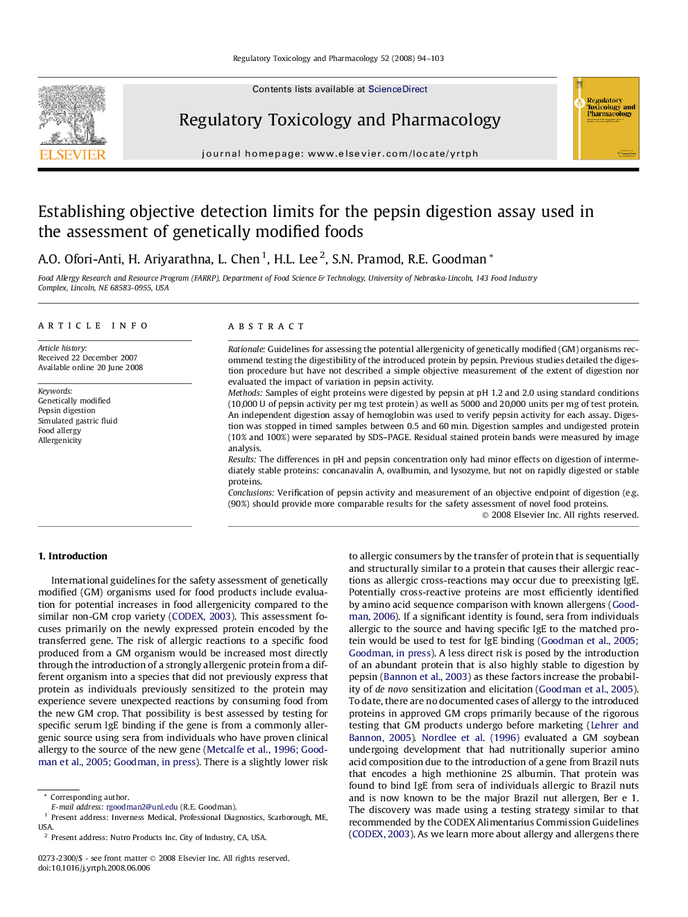 Establishing objective detection limits for the pepsin digestion assay used in the assessment of genetically modified foods