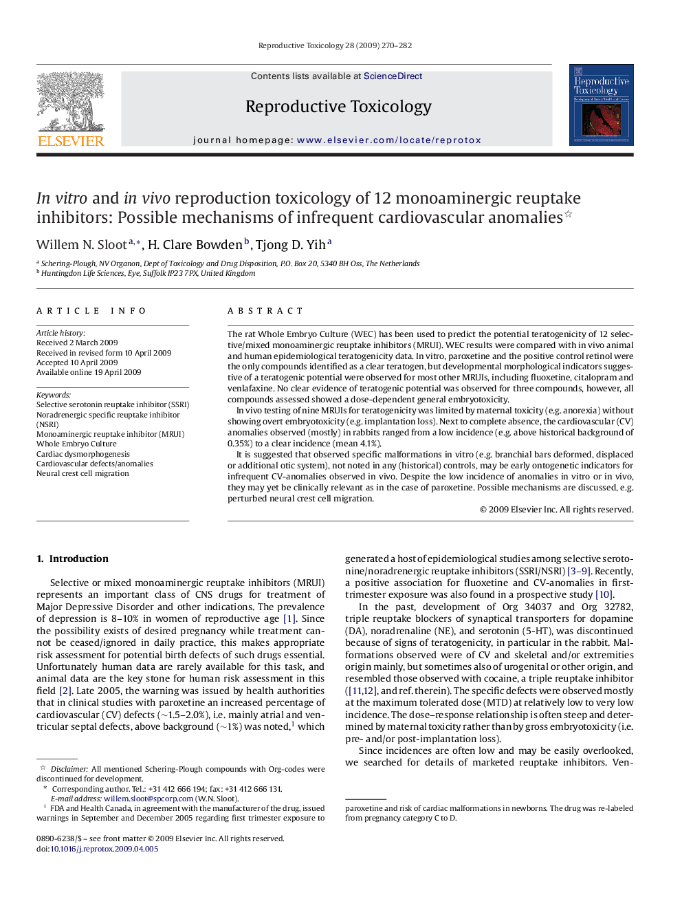 In vitro and in vivo reproduction toxicology of 12 monoaminergic reuptake inhibitors: Possible mechanisms of infrequent cardiovascular anomalies 