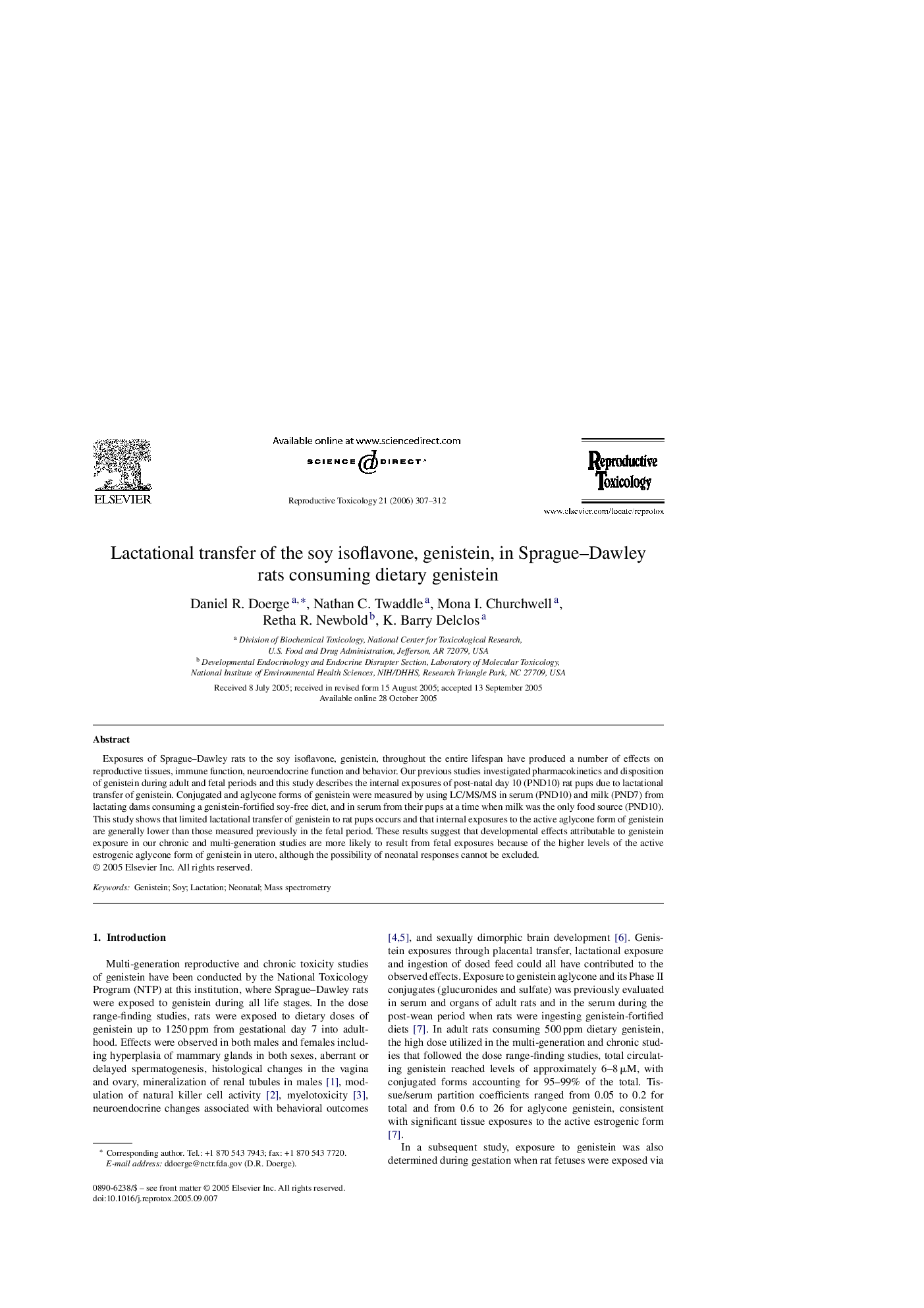 Lactational transfer of the soy isoflavone, genistein, in Sprague–Dawley rats consuming dietary genistein