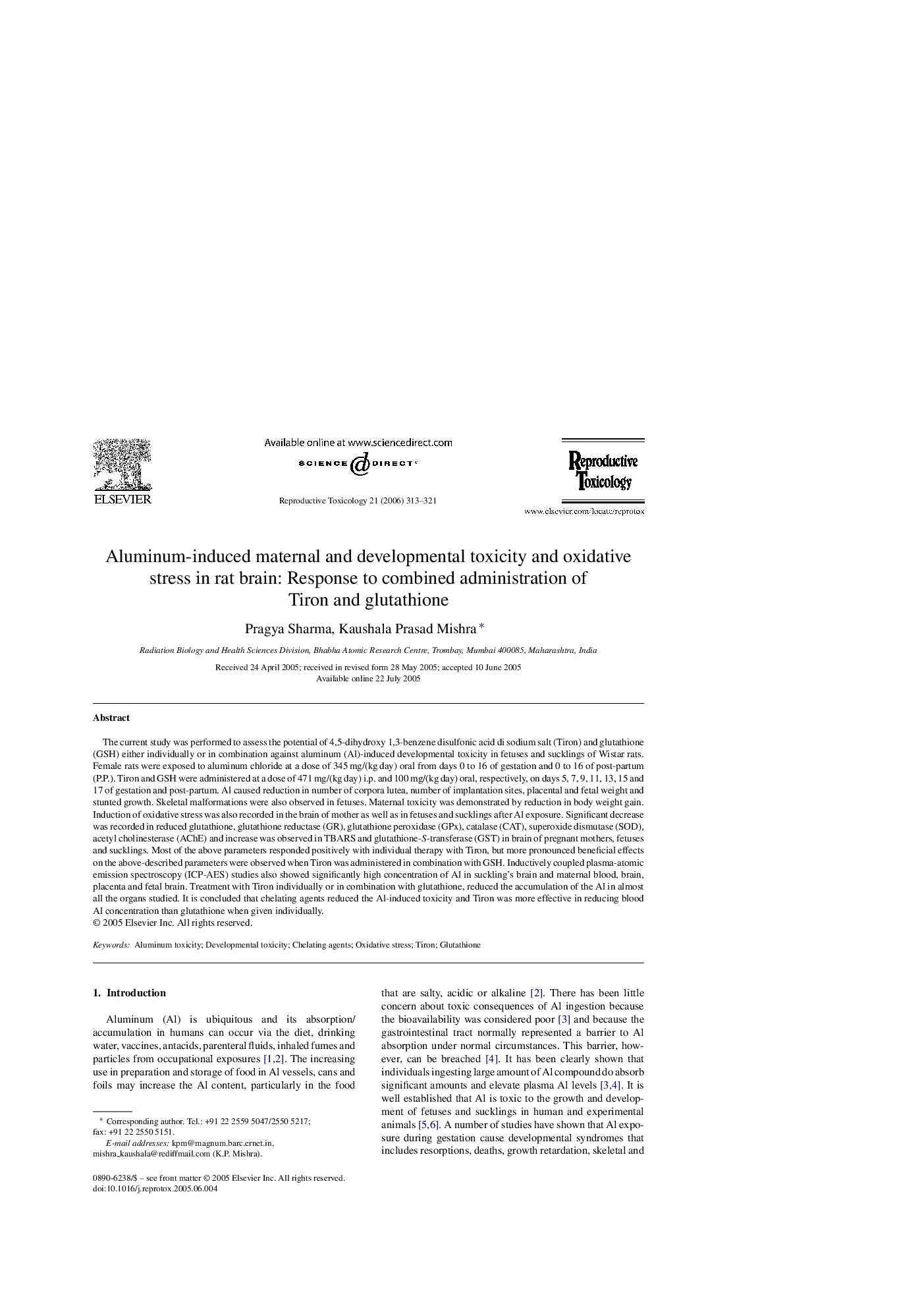 Aluminum-induced maternal and developmental toxicity and oxidative stress in rat brain: Response to combined administration of Tiron and glutathione