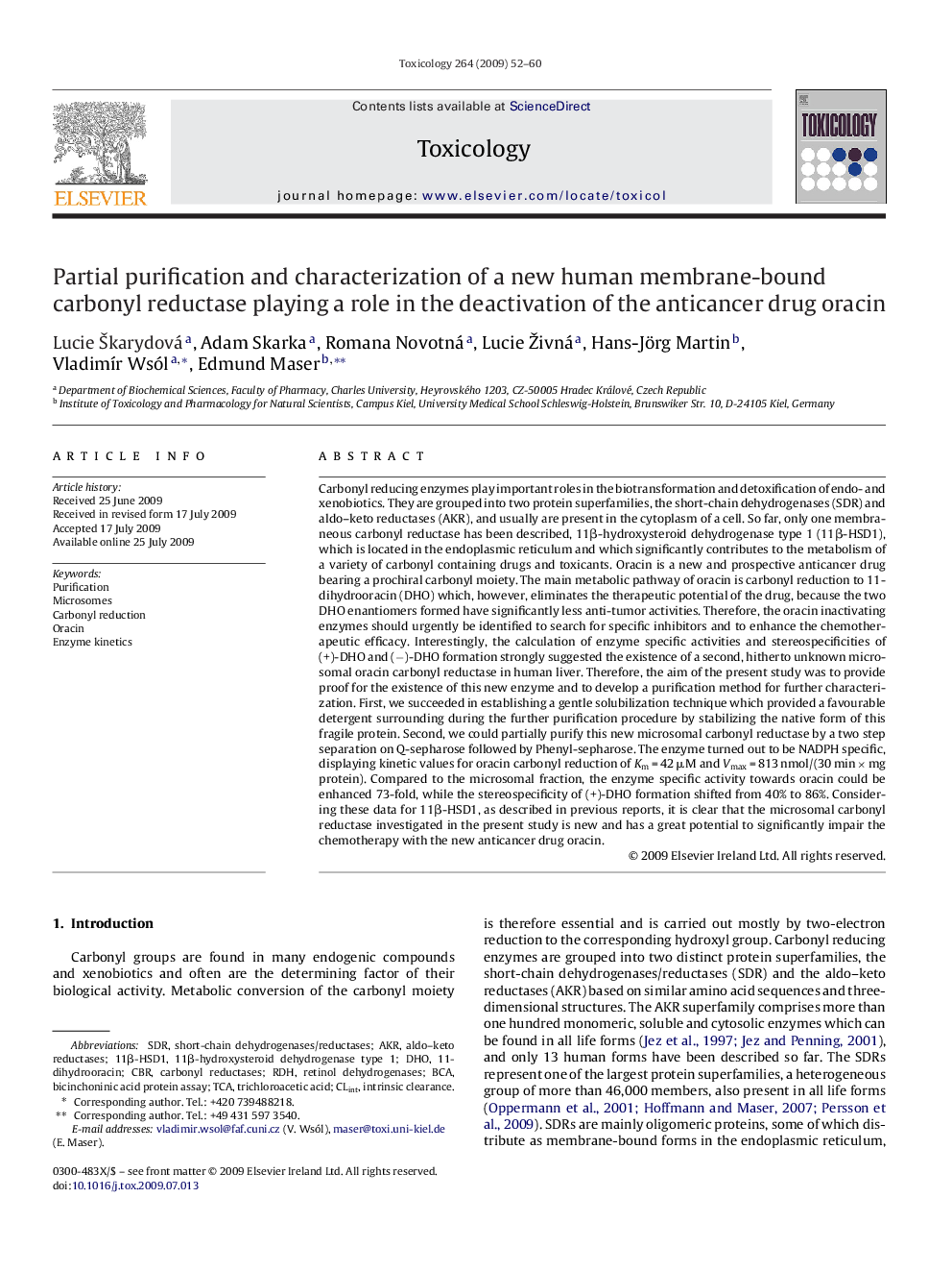 Partial purification and characterization of a new human membrane-bound carbonyl reductase playing a role in the deactivation of the anticancer drug oracin