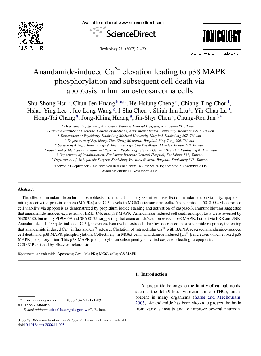 Anandamide-induced Ca2+ elevation leading to p38 MAPK phosphorylation and subsequent cell death via apoptosis in human osteosarcoma cells