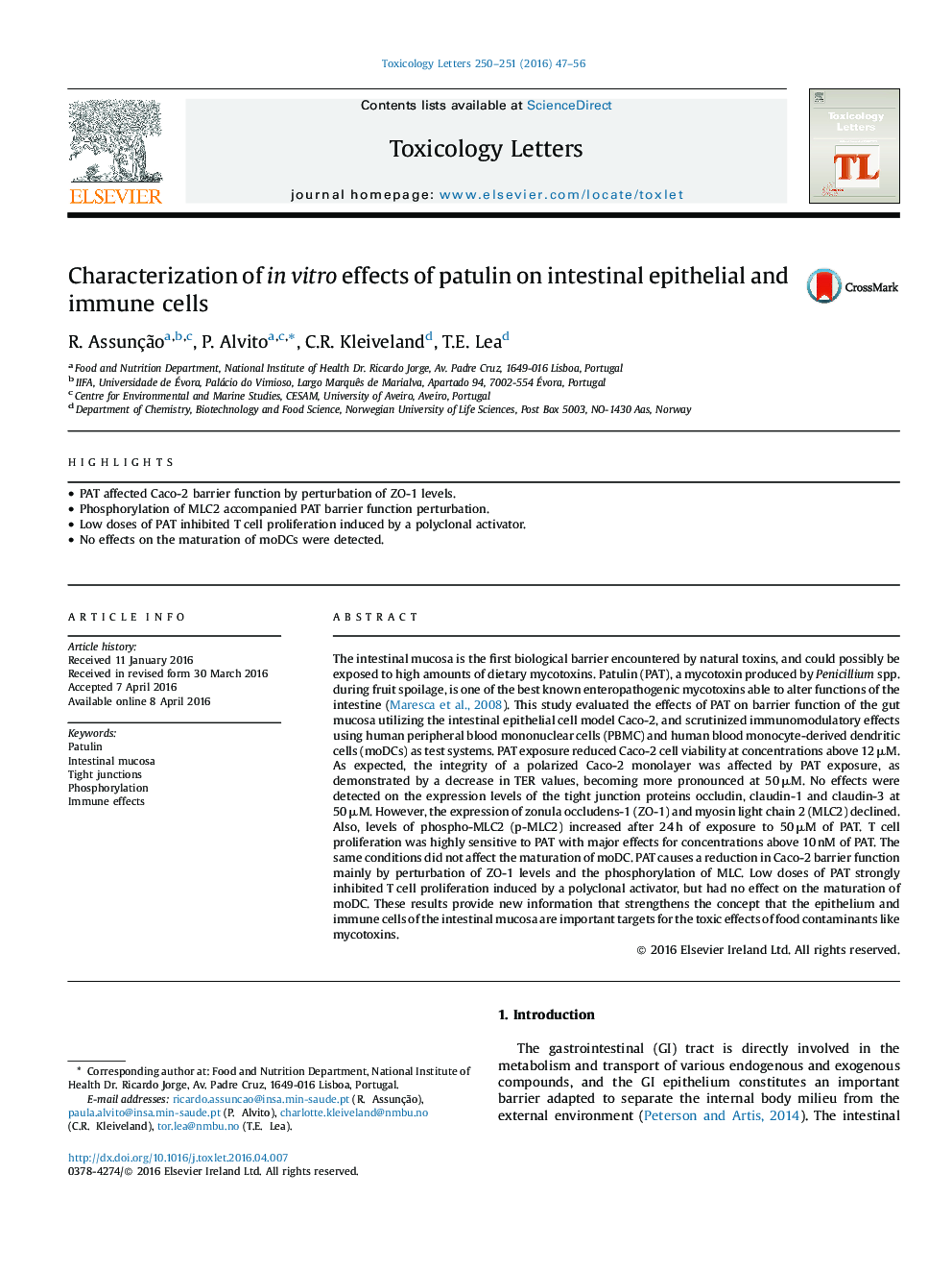 Characterization of in vitro effects of patulin on intestinal epithelial and immune cells