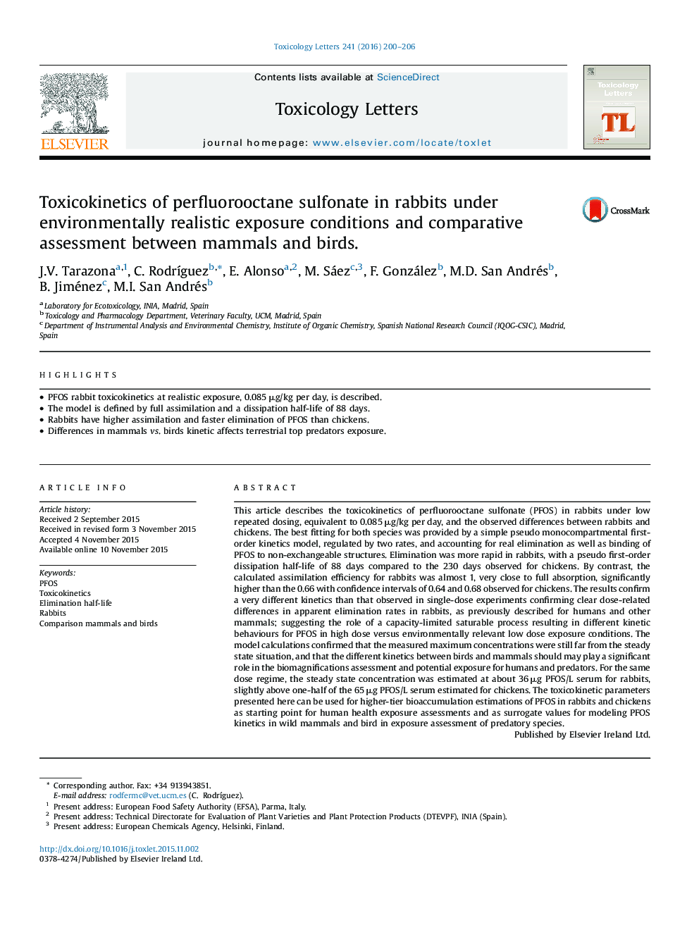 Toxicokinetics of perfluorooctane sulfonate in rabbits under environmentally realistic exposure conditions and comparative assessment between mammals and birds.
