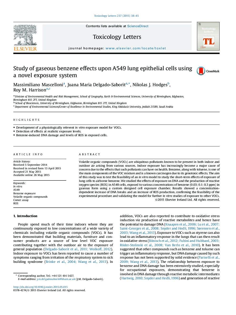 Study of gaseous benzene effects upon A549 lung epithelial cells using a novel exposure system