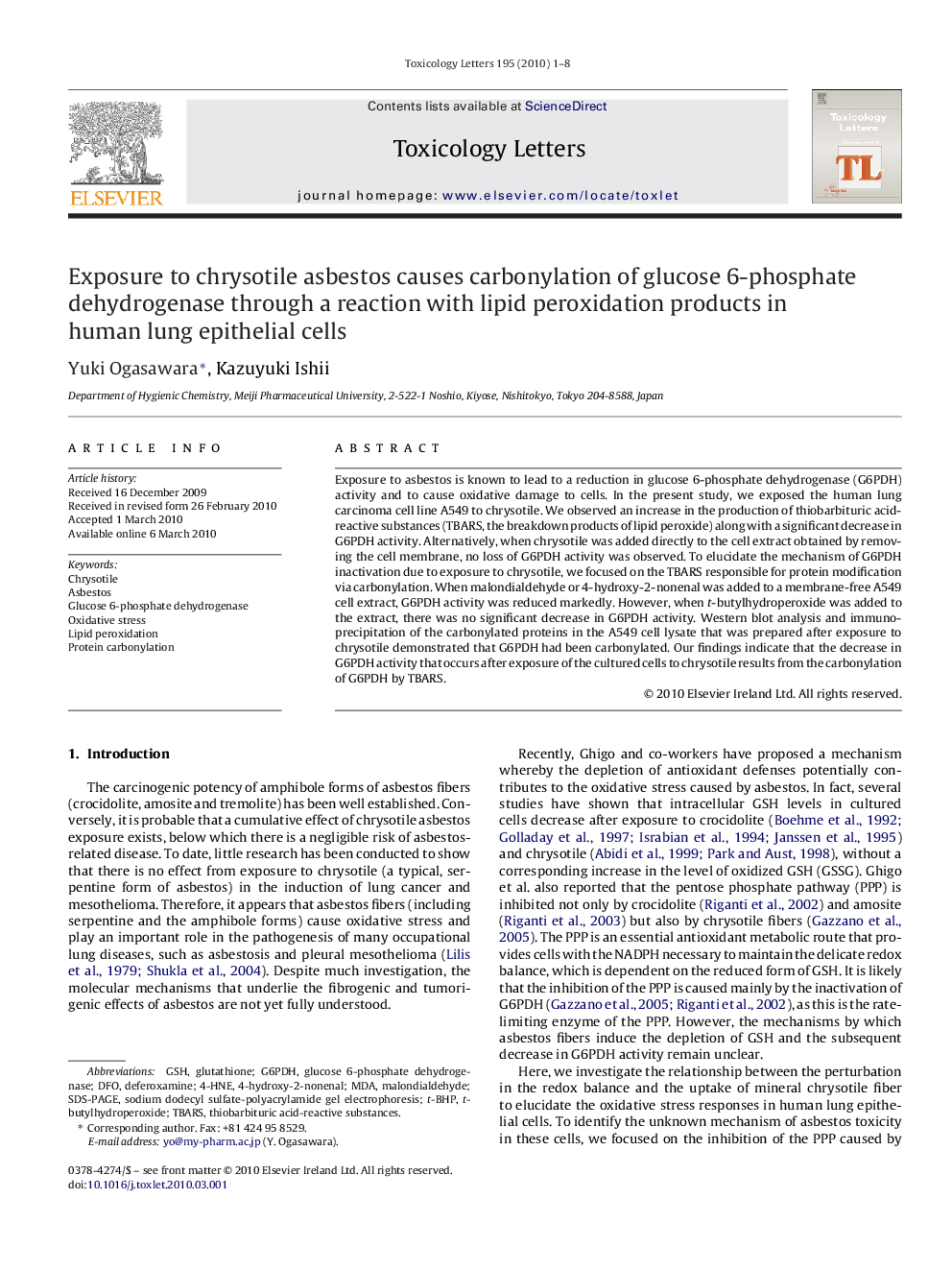 Exposure to chrysotile asbestos causes carbonylation of glucose 6-phosphate dehydrogenase through a reaction with lipid peroxidation products in human lung epithelial cells