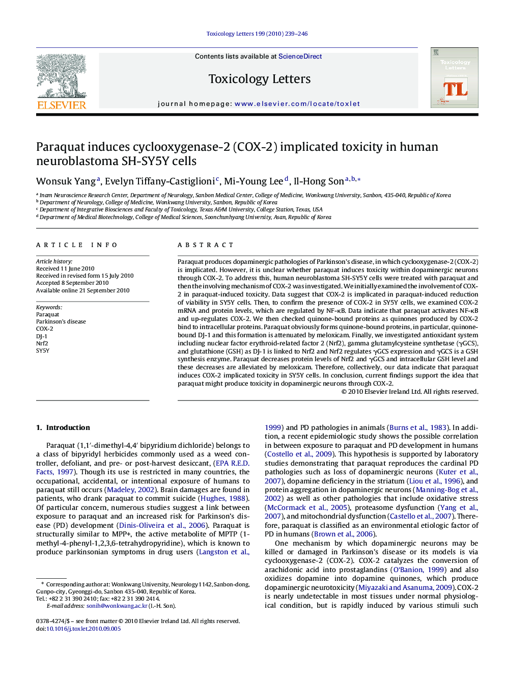Paraquat induces cyclooxygenase-2 (COX-2) implicated toxicity in human neuroblastoma SH-SY5Y cells