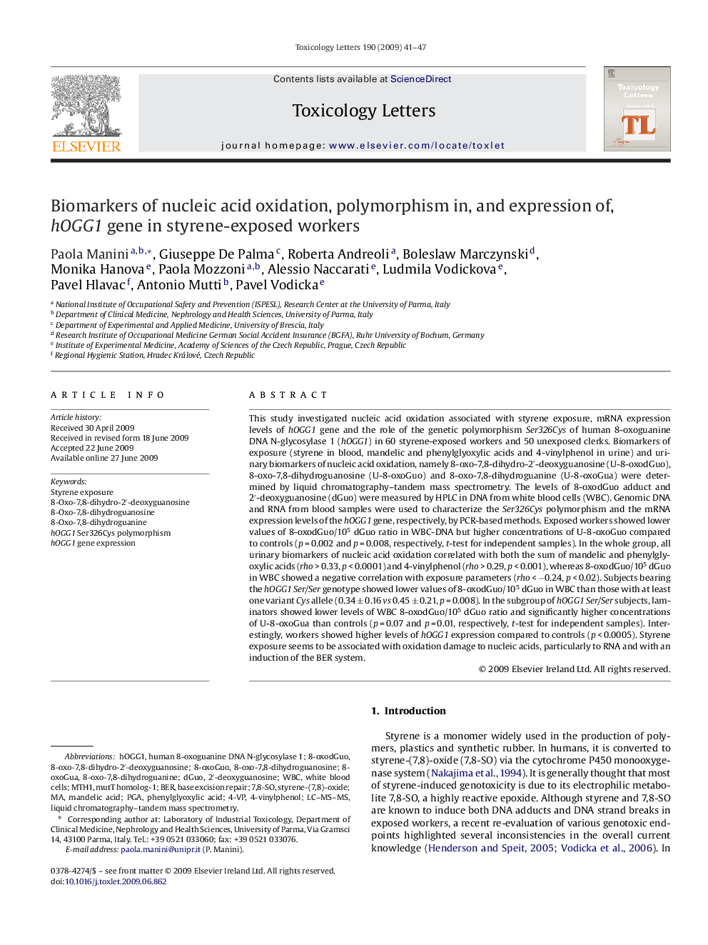 Biomarkers of nucleic acid oxidation, polymorphism in, and expression of, hOGG1 gene in styrene-exposed workers