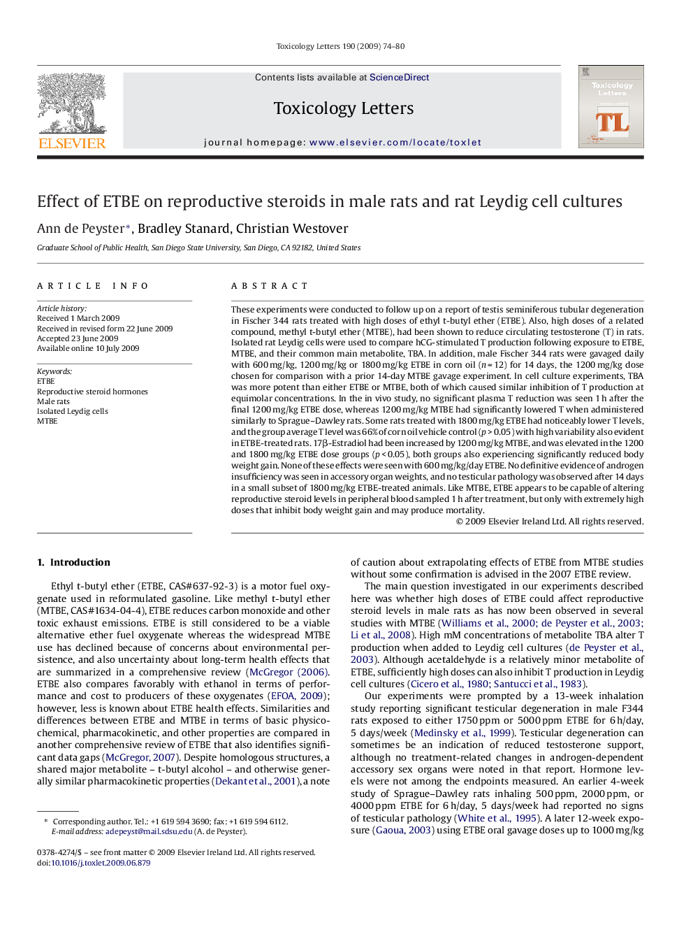 Effect of ETBE on reproductive steroids in male rats and rat Leydig cell cultures