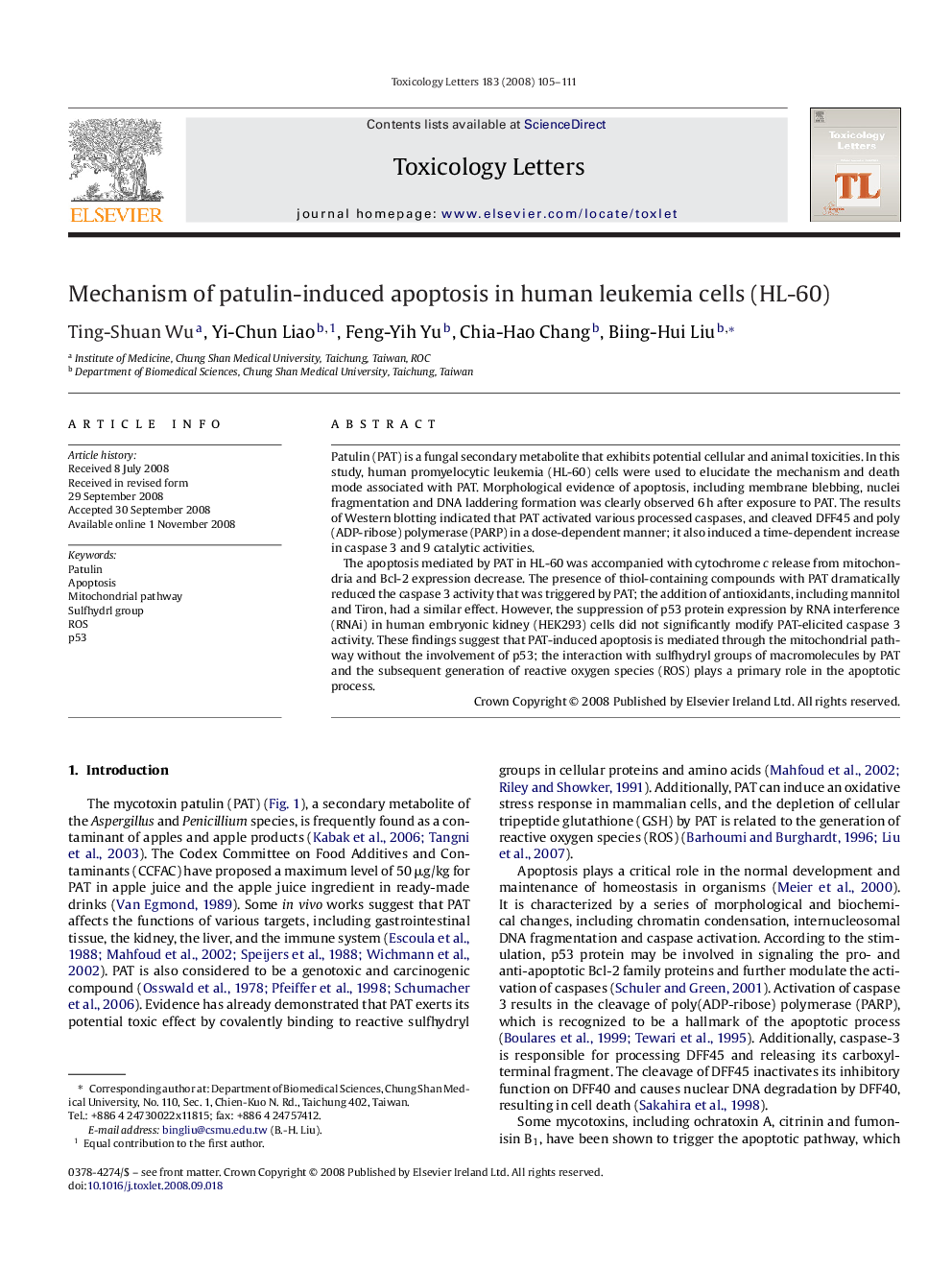 Mechanism of patulin-induced apoptosis in human leukemia cells (HL-60)