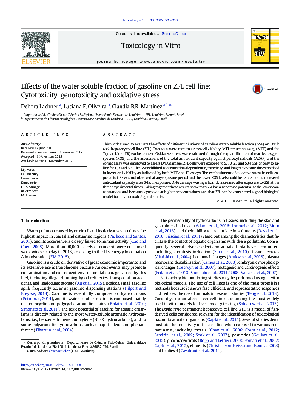 Effects of the water soluble fraction of gasoline on ZFL cell line: Cytotoxicity, genotoxicity and oxidative stress
