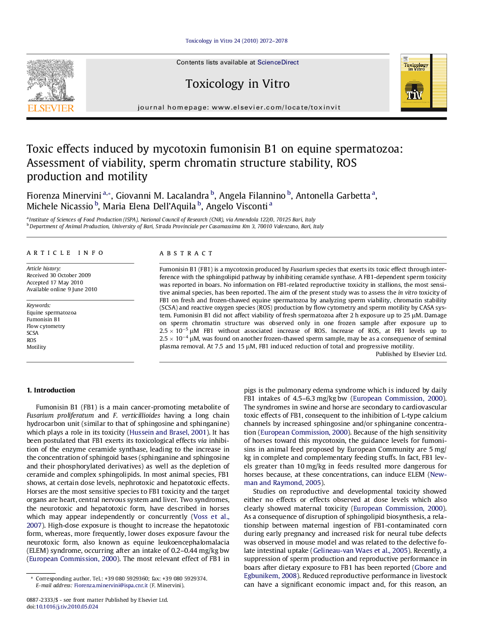 Toxic effects induced by mycotoxin fumonisin B1 on equine spermatozoa: Assessment of viability, sperm chromatin structure stability, ROS production and motility