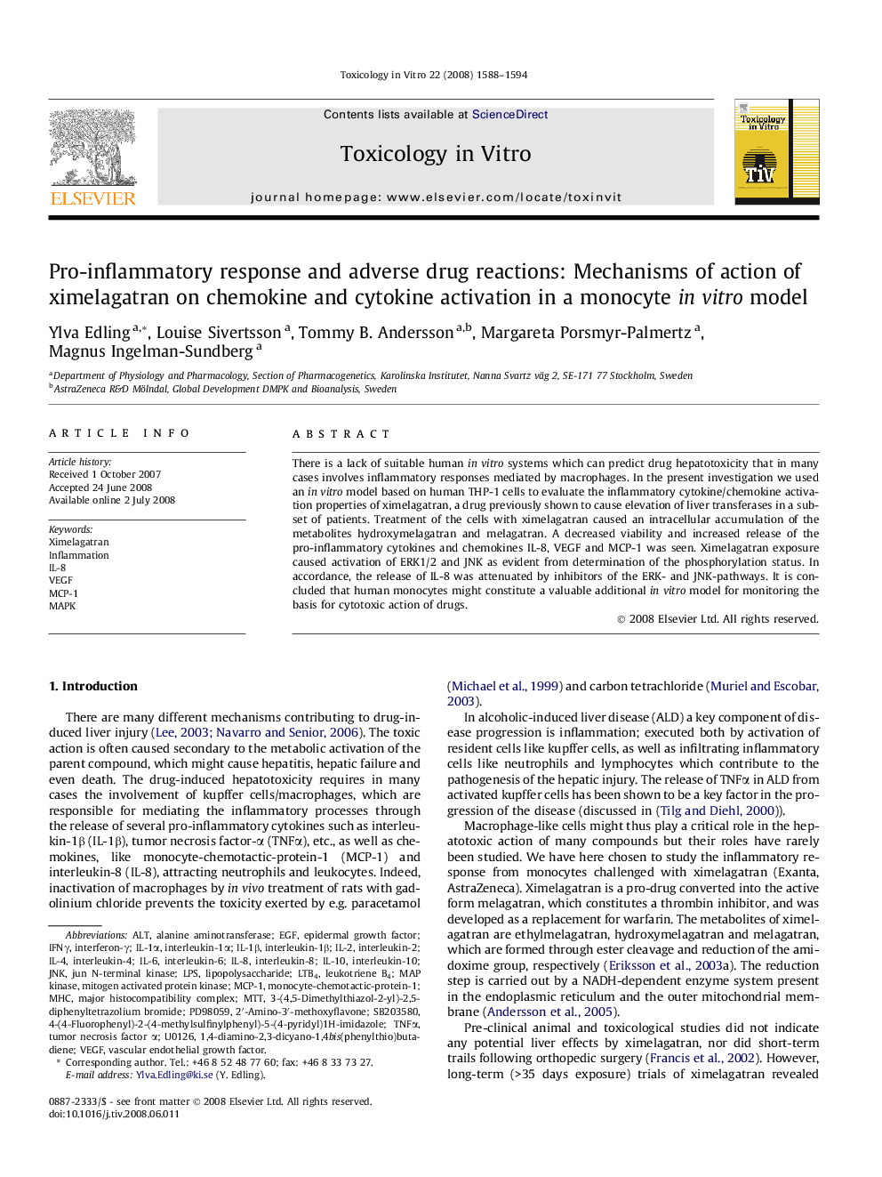 Pro-inflammatory response and adverse drug reactions: Mechanisms of action of ximelagatran on chemokine and cytokine activation in a monocyte in vitro model