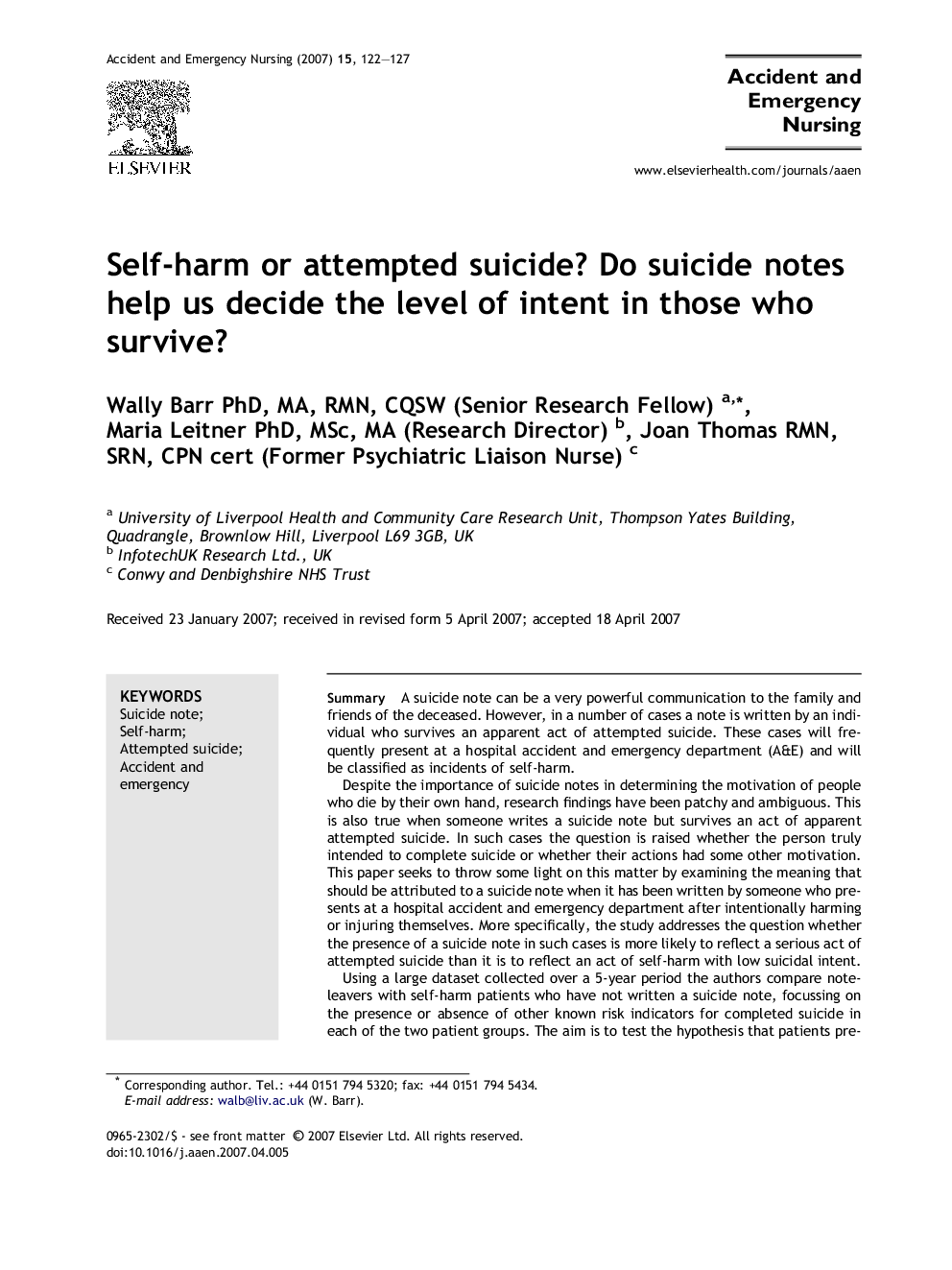 Self-harm or attempted suicide? Do suicide notes help us decide the level of intent in those who survive?