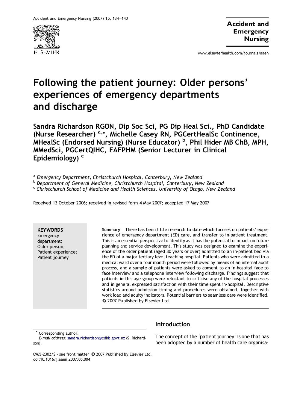 Following the patient journey: Older persons’ experiences of emergency departments and discharge