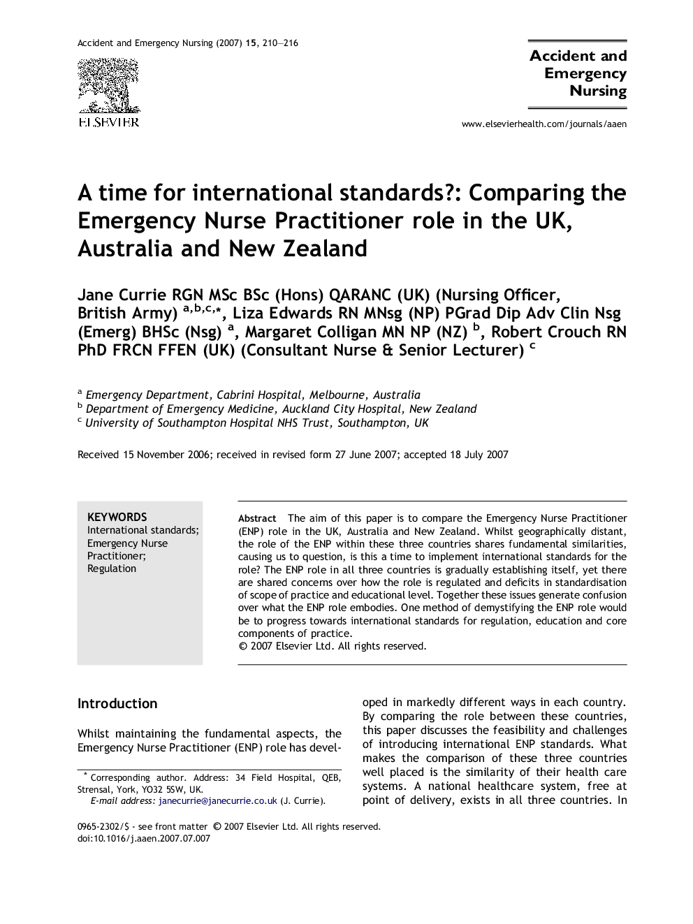A time for international standards?: Comparing the Emergency Nurse Practitioner role in the UK, Australia and New Zealand