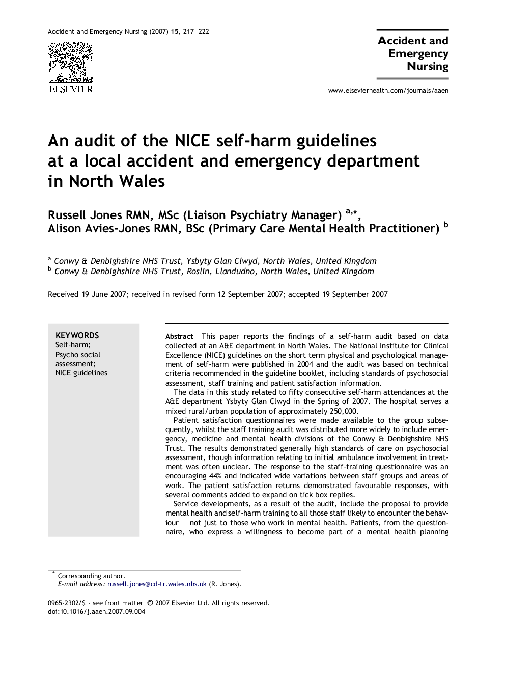 An audit of the NICE self-harm guidelines at a local accident and emergency department in North Wales