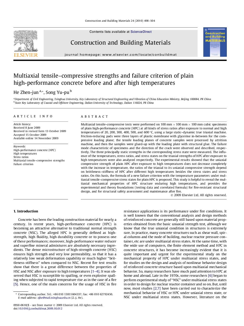 Multiaxial tensile–compressive strengths and failure criterion of plain high-performance concrete before and after high temperatures