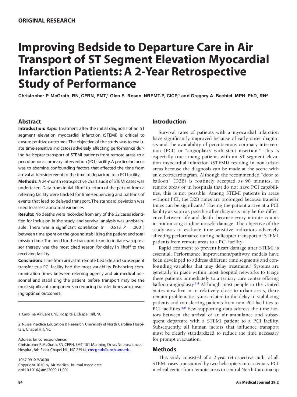 Improving Bedside to Departure Care in Air Transport of ST Segment Elevation Myocardial Infarction Patients: A 2-Year Retrospective Study of Performance
