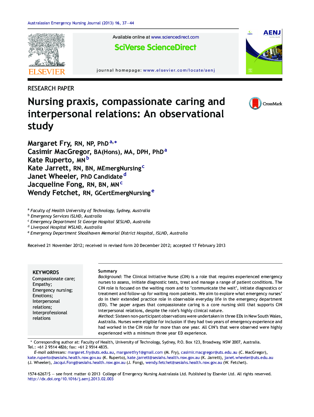 Nursing praxis, compassionate caring and interpersonal relations: An observational study