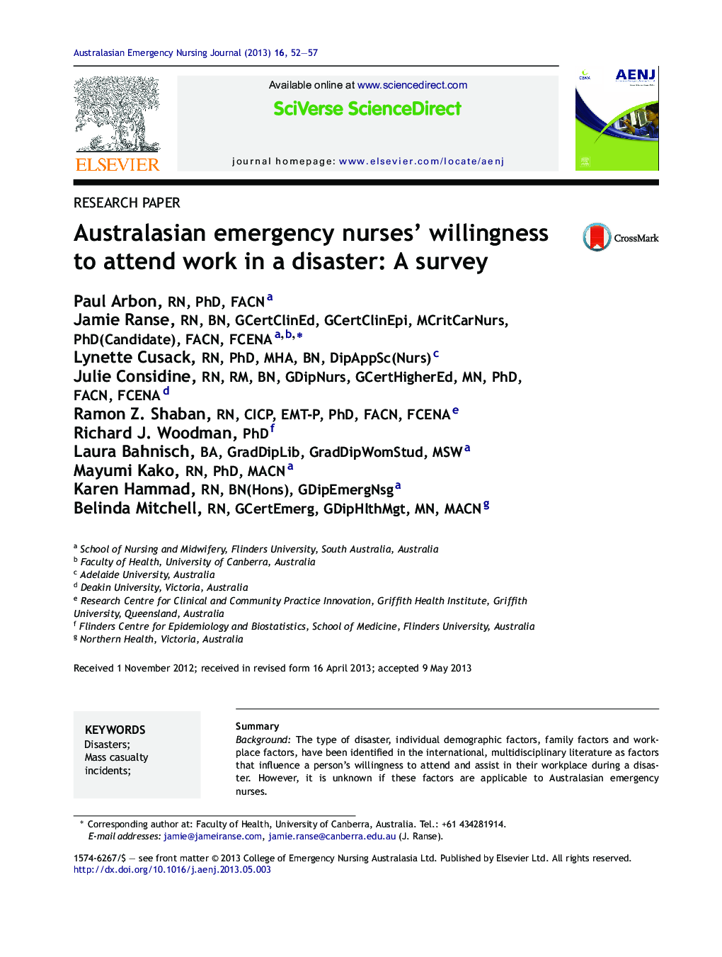 Australasian emergency nurses’ willingness to attend work in a disaster: A survey