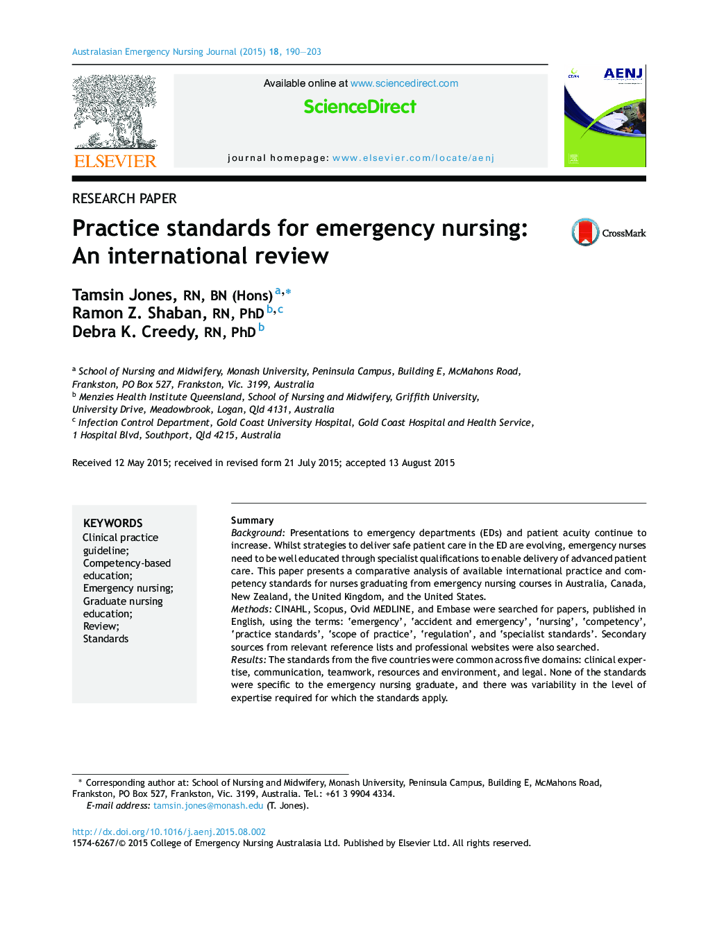 استانداردهای تمرین برای پرستاری اورژانس: یک بررسی بین المللی