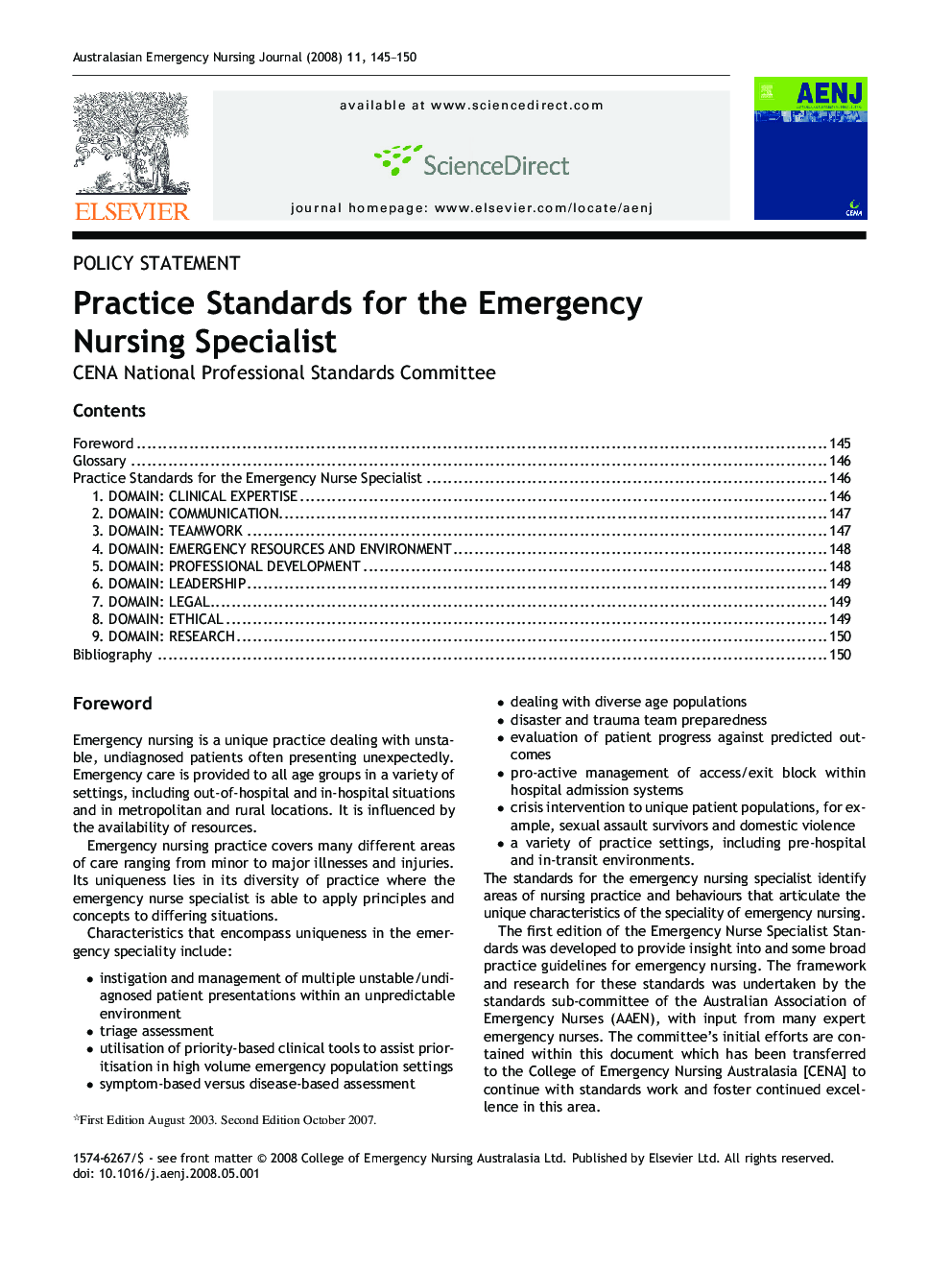 Practice Standards for the Emergency Nursing Specialist