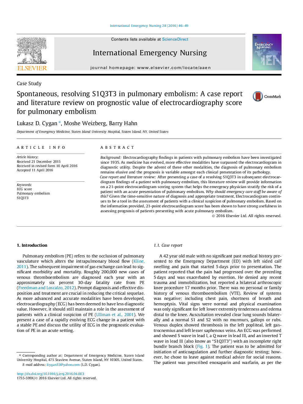 خودانگیخته، حل و فصل S1Q3T3 در آمبولی ریوی: گزارش موردی و بررسی متون درباره ارزش پیش بینی امتیاز الکتروکاردیوگرافی برای آمبولی ریه