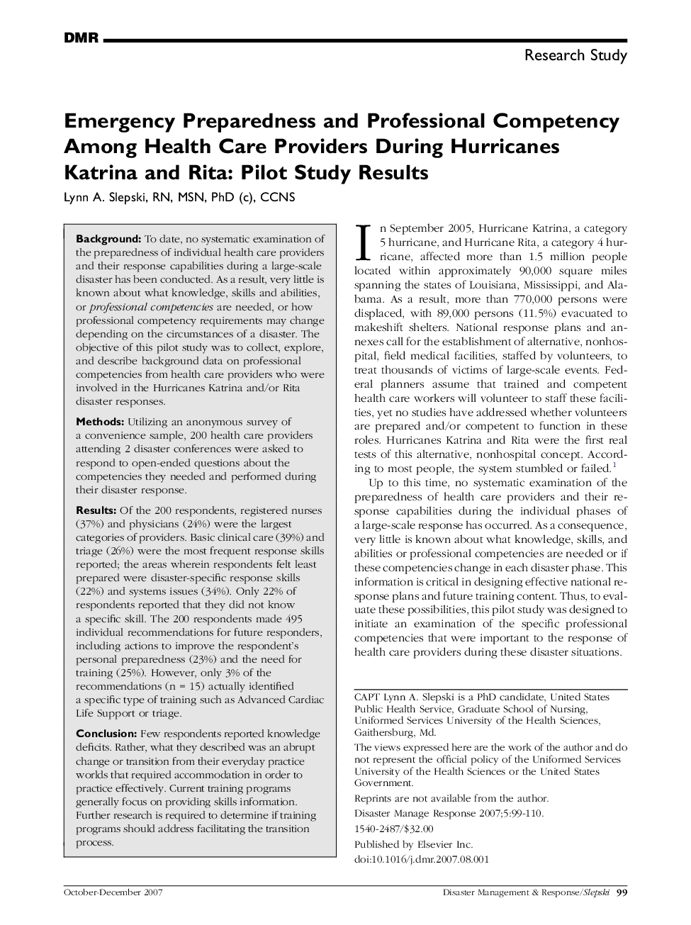 Emergency Preparedness and Professional Competency Among Health Care Providers During Hurricanes Katrina and Rita: Pilot Study Results 